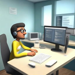 Create a 3D animated image of a software developer working at a desk with a modern computer setup