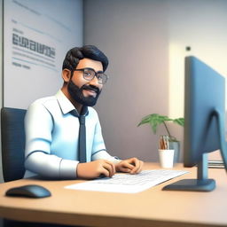 Create a 3D animated image of a software developer working at a desk with a modern computer setup