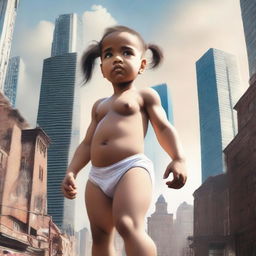 A muscular giantess female toddler wearing a diaper stands next to a city, towering over all the buildings