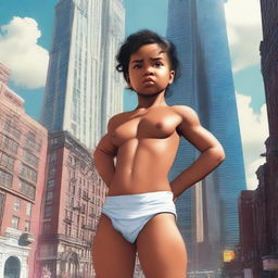 A muscular giantess female toddler wearing a diaper stands next to a city, towering over all the buildings