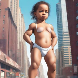 A muscular giantess female toddler wearing a diaper stands next to a city, towering over all the buildings