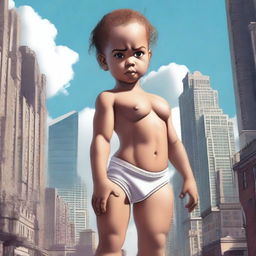 A muscular giantess female toddler wearing a diaper stands next to a city, towering over all the buildings