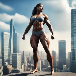 A gigantic female with a muscular body stands in a powerful pose, showing off her impressive physique