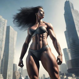 A gigantic female with a muscular body stands in a powerful pose, showing off her impressive physique