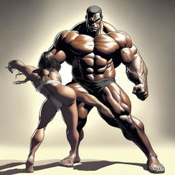 A gigantic female with a muscular body is shown in a powerful pose, wearing only panties, dominating a smaller man