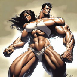 A gigantic female with a muscular body is shown in a powerful pose, wearing only panties, dominating a smaller man