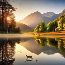 A serene open valley nestled in the mountains, with a clear lake reflecting the surrounding landscape