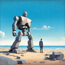 Create a picture with a bright, searing blue sky with few, sparse distant clouds above a rocky desert that's cracked on the floor rather than sand