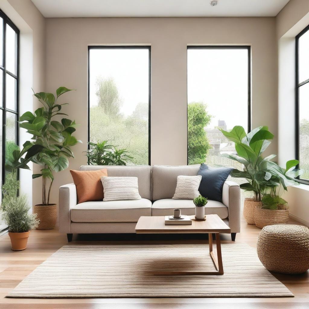 A cozy and modern living room with a comfortable sofa, a coffee table, and a large window letting in natural light