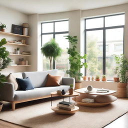 A cozy and modern living room with a comfortable sofa, a coffee table, and a large window letting in natural light