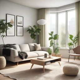 A cozy and modern living room with a comfortable sofa, a coffee table, and a large window letting in natural light