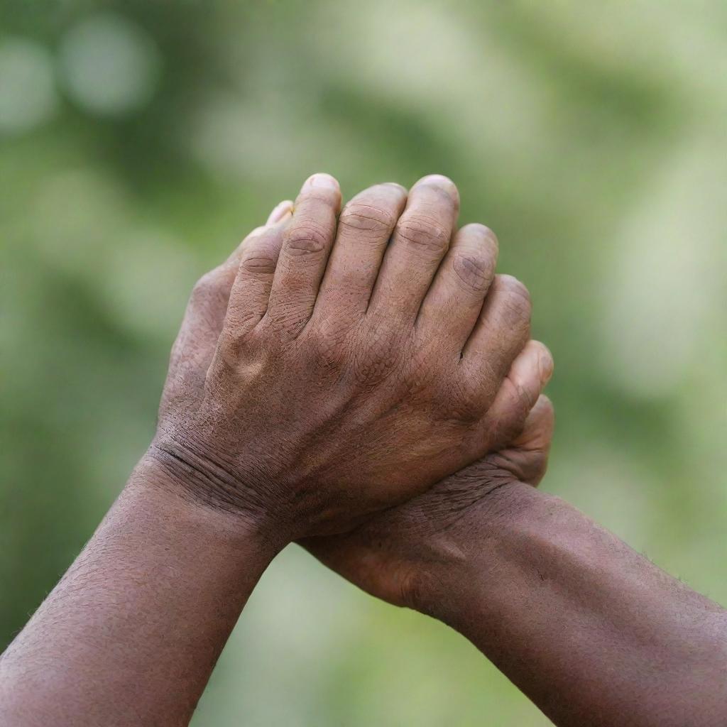 Two African hands holding each other, symbolizing mentorship. The older, experienced hand gently supports the younger, eager one, embodying guidance and growth.