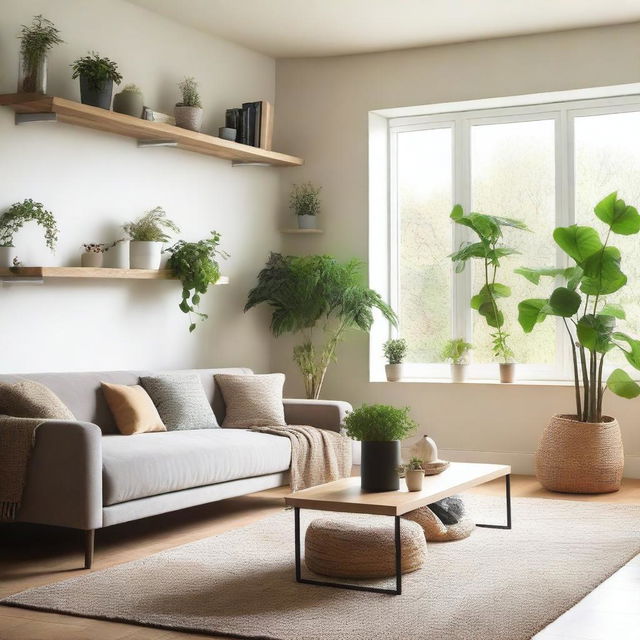 A cozy and modern living room with a comfortable sofa, a coffee table, and a large window letting in natural light