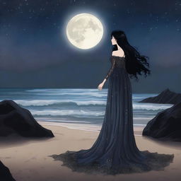 A fantasy scene set on a shoreline at night, featuring a princess with long curly black hair and pale skin