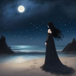 A fantasy scene set on a shoreline at night, featuring a princess with long curly black hair and pale skin