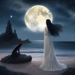 A fantasy scene set on a shoreline at night, featuring a princess with long curly black hair and pale skin