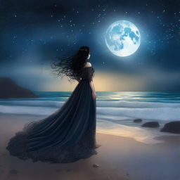 A fantasy scene set on a shoreline at night, featuring a princess with long curly black hair and pale skin