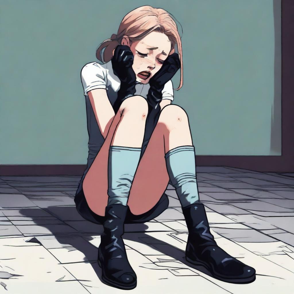 A girl with nylons on her feet and gloves in her mouth, crying