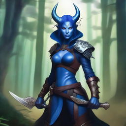 A blue-skinned tiefling woman in detailed leather armor, carrying a sharp scimitar