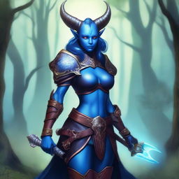 A blue-skinned tiefling woman in detailed leather armor, carrying a sharp scimitar