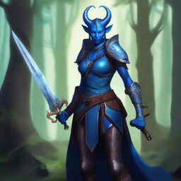 A blue-skinned tiefling woman in detailed leather armor, carrying a sharp scimitar