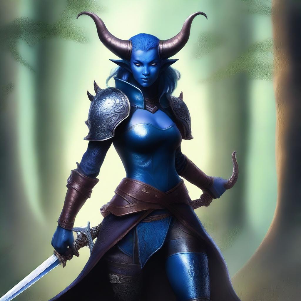 A blue-skinned tiefling woman in detailed leather armor, carrying a sharp scimitar