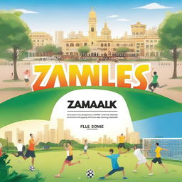 Create a vibrant cover page for the Zamalek district featuring various sports activities