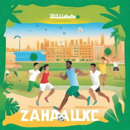 Create a vibrant cover page for the Zamalek district featuring various sports activities