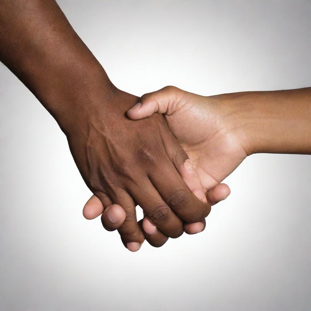 Two African-American hands, of a man and a woman, holding each other in a mentorship symbol. The grasp signifies advice, support and knowledge sharing between the genders.