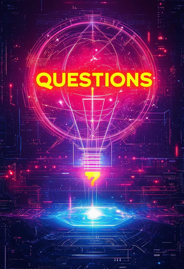 Intense and vibrant book cover titled 'Questions' featuring a glowing futuristic encyclopedia, epic HD, 32k resolution, with a modern, sleek font and a captivating, eye-catching design, creating a beautiful masterpiece