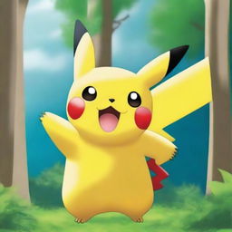 A vibrant and cheerful Pikachu standing in a lush green forest with a bright blue sky