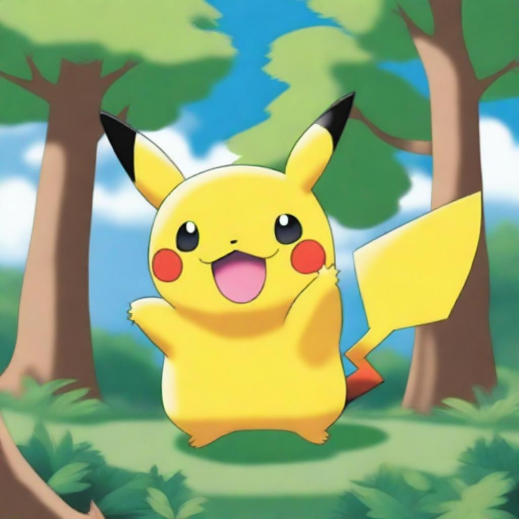 A vibrant and cheerful Pikachu standing in a lush green forest with a bright blue sky