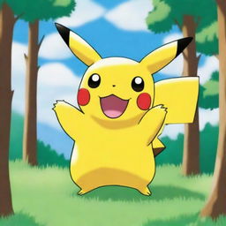 A vibrant and cheerful Pikachu standing in a lush green forest with a bright blue sky