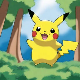 A vibrant and cheerful Pikachu standing in a lush green forest with a bright blue sky