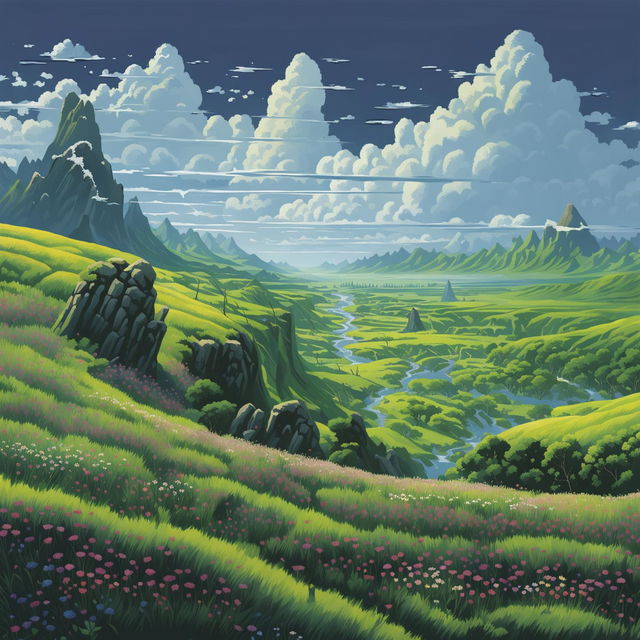 A high-quality image of a grassy plains panorama in the Dungeons and Dragons art style, featuring rolling green hills, a clear blue sky, distant mountains, a winding river, wildflowers, and ancient stones