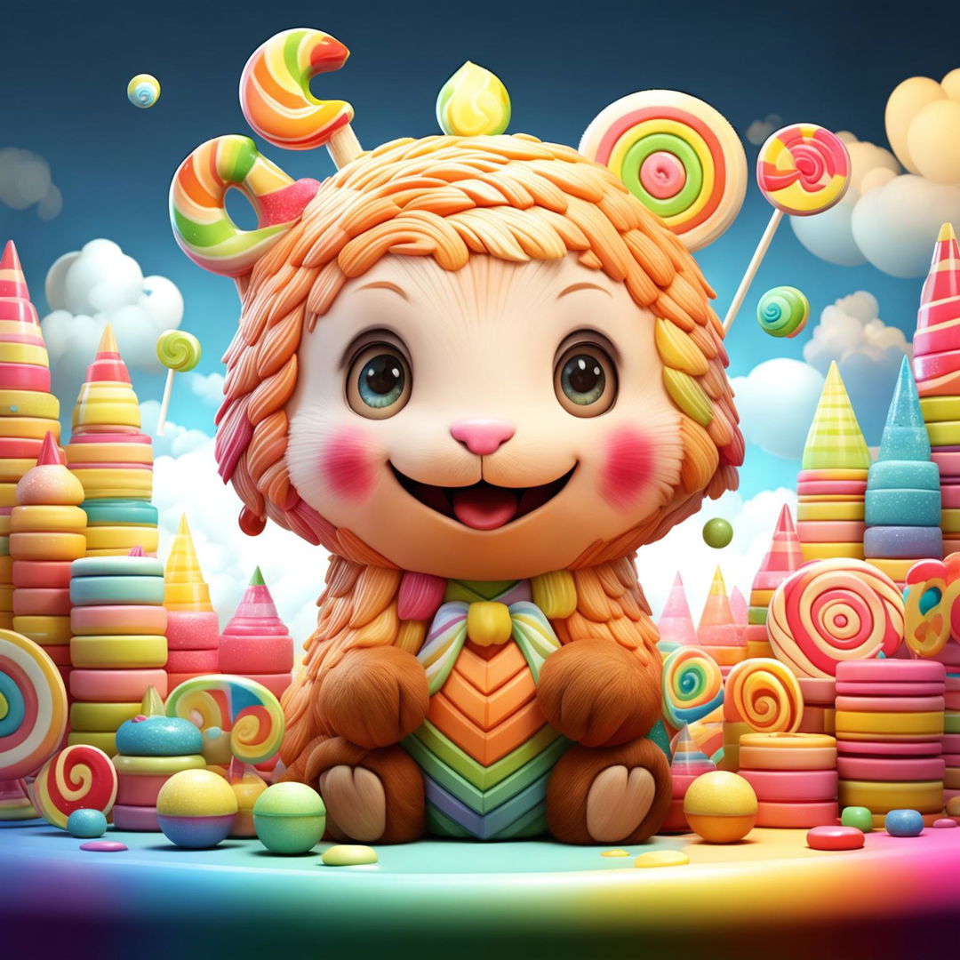 Create a cute and friendly animal character that loves candy, surrounded by colorful candies in a vibrant and cheerful candy-themed landscape