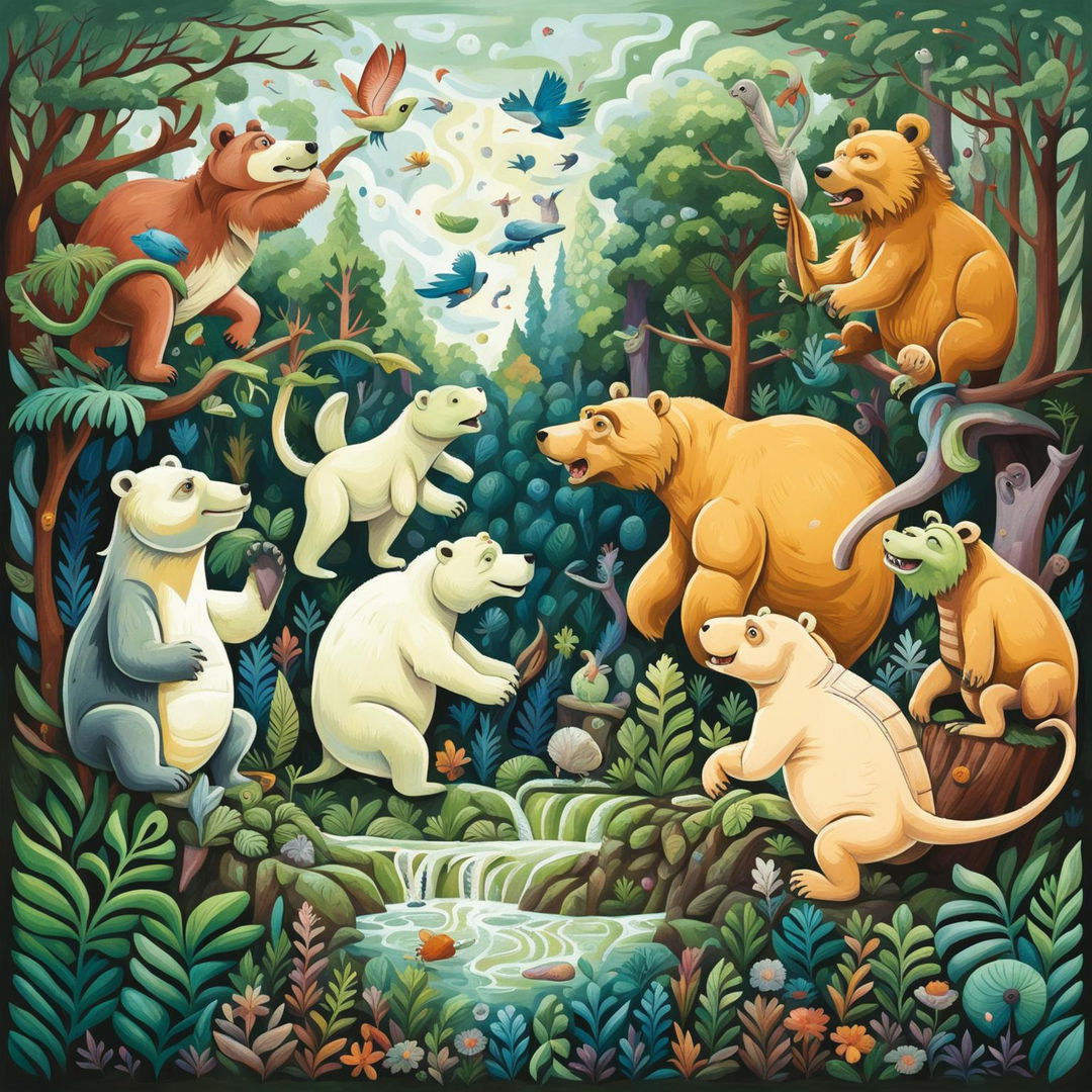 A whimsical and charming forest scene with a polar bear, brown bear, monkey, wolf, dinosaur, and turtle interacting in a vibrant, joyful environment