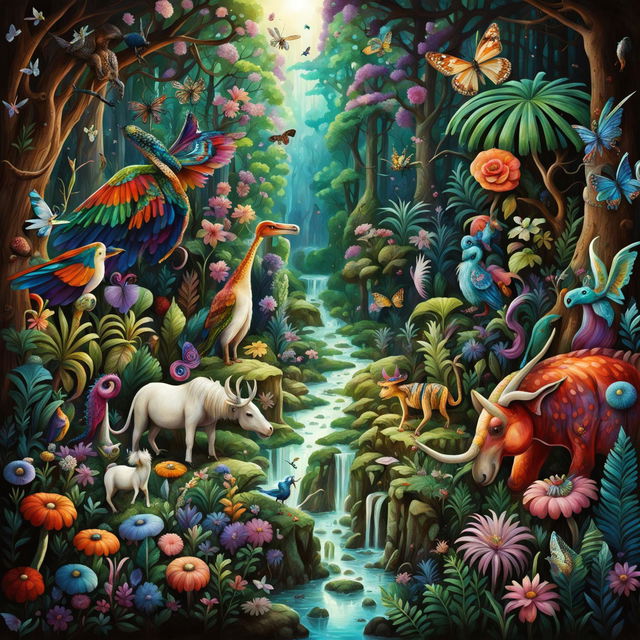 A fantastical forest scene with a dinosaur, spider, beetle, butterfly, unicorn, horse, eagle, owl, chick, duck, bat, moose, bee, ladybug, wild boar, squid, and octopus in a vibrant, magical setting