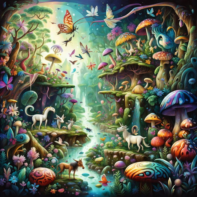 A fantastical forest scene with a dinosaur, spider, beetle, butterfly, unicorn, horse, eagle, owl, chick, duck, bat, moose, bee, ladybug, wild boar, squid, and octopus in a vibrant, magical setting with lush greenery and mystical elements