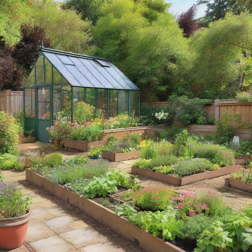 A serene back garden of a house featuring a pragmatic small greenhouse and a few raised garden beds