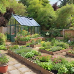 A serene back garden of a house featuring a pragmatic small greenhouse and a few raised garden beds