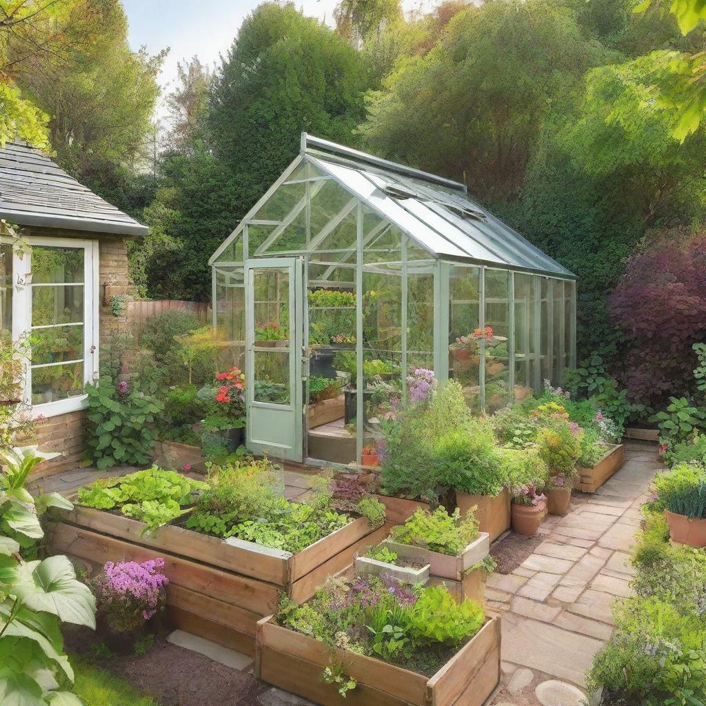 A serene back garden of a house featuring a pragmatic small greenhouse and a few raised garden beds