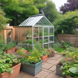 A serene back garden of a house featuring a pragmatic small greenhouse and a few raised garden beds