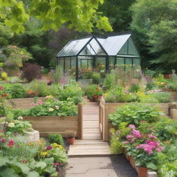 A serene back garden of a house featuring a pragmatic small greenhouse and a few raised garden beds