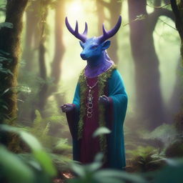 Ablar, a mystical and wise creature, standing in a lush forest full of vibrant plants and magical creatures