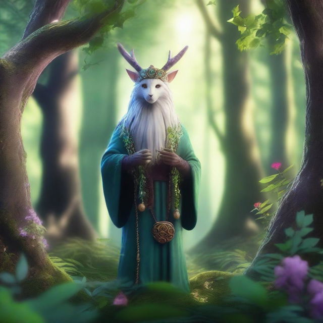 Ablar, a mystical and wise creature, standing in a lush forest full of vibrant plants and magical creatures