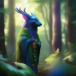 Ablar, a mystical and wise creature, standing in a lush forest full of vibrant plants and magical creatures