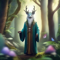 Ablar, a mystical and wise creature, standing in a lush forest full of vibrant plants and magical creatures