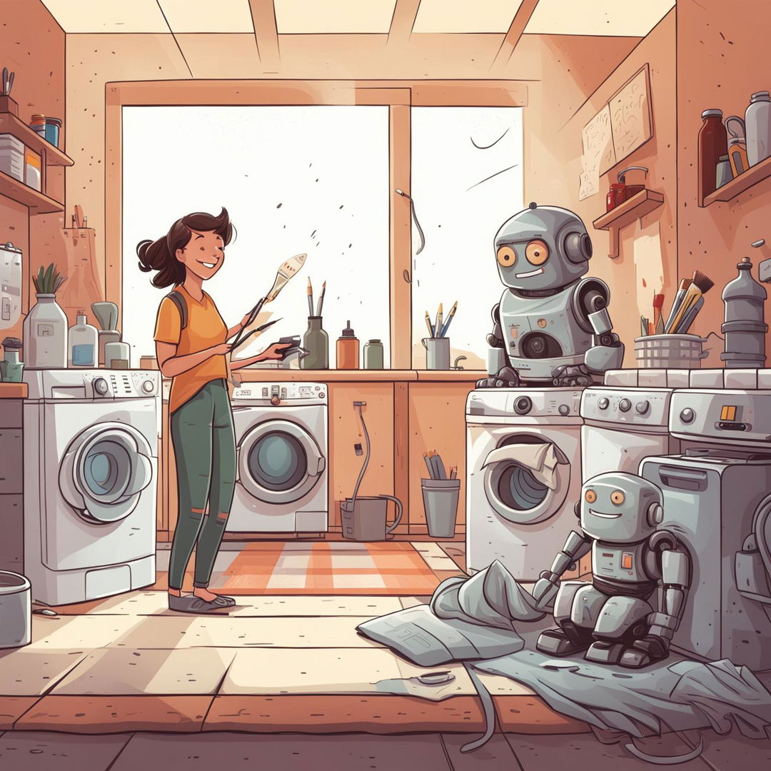 An illustration showing a person doing art and writing while a friendly AI robot handles laundry and dishes, highlighting the benefits of AI handling mundane tasks to free up time for creative pursuits