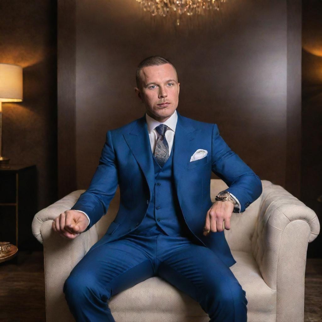 Andrew Tate, four time World Kickboxing Champion, in a suit, sitting in a luxury lounge and enjoying a high-end cigar, exuding confidence.